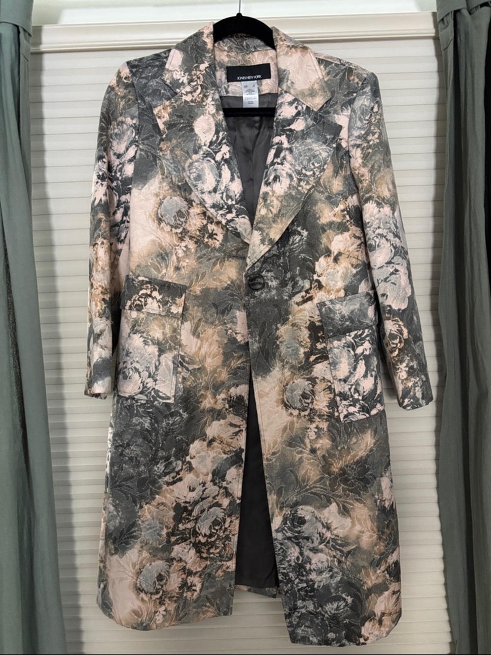 Jones New York Blush Pink and Gray Floral Long Trench Coat